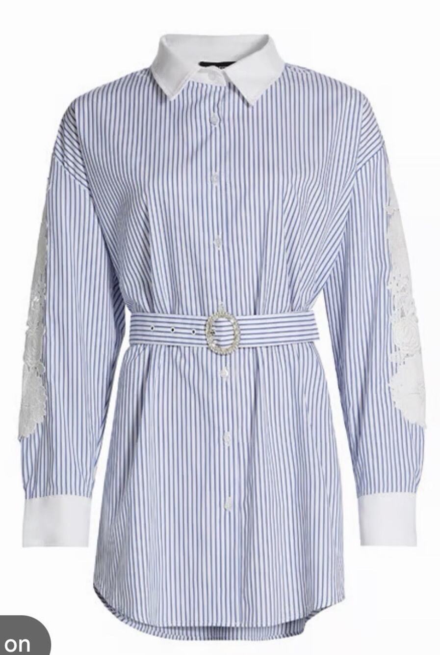 Generation Love Size M/L Mabel Pinstripe Lace Belted Shirtdress - Blue White
